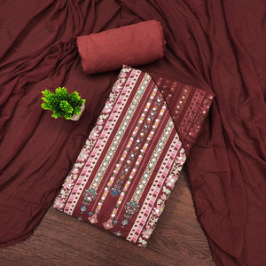 Rust Paisley & Floral Digital Printed Rayon Dress Material With Intricate Mirror Work