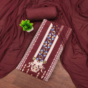 Dark Maroon Floral Digital Printed Rayon Dress Material Highlighted With Mirror Work