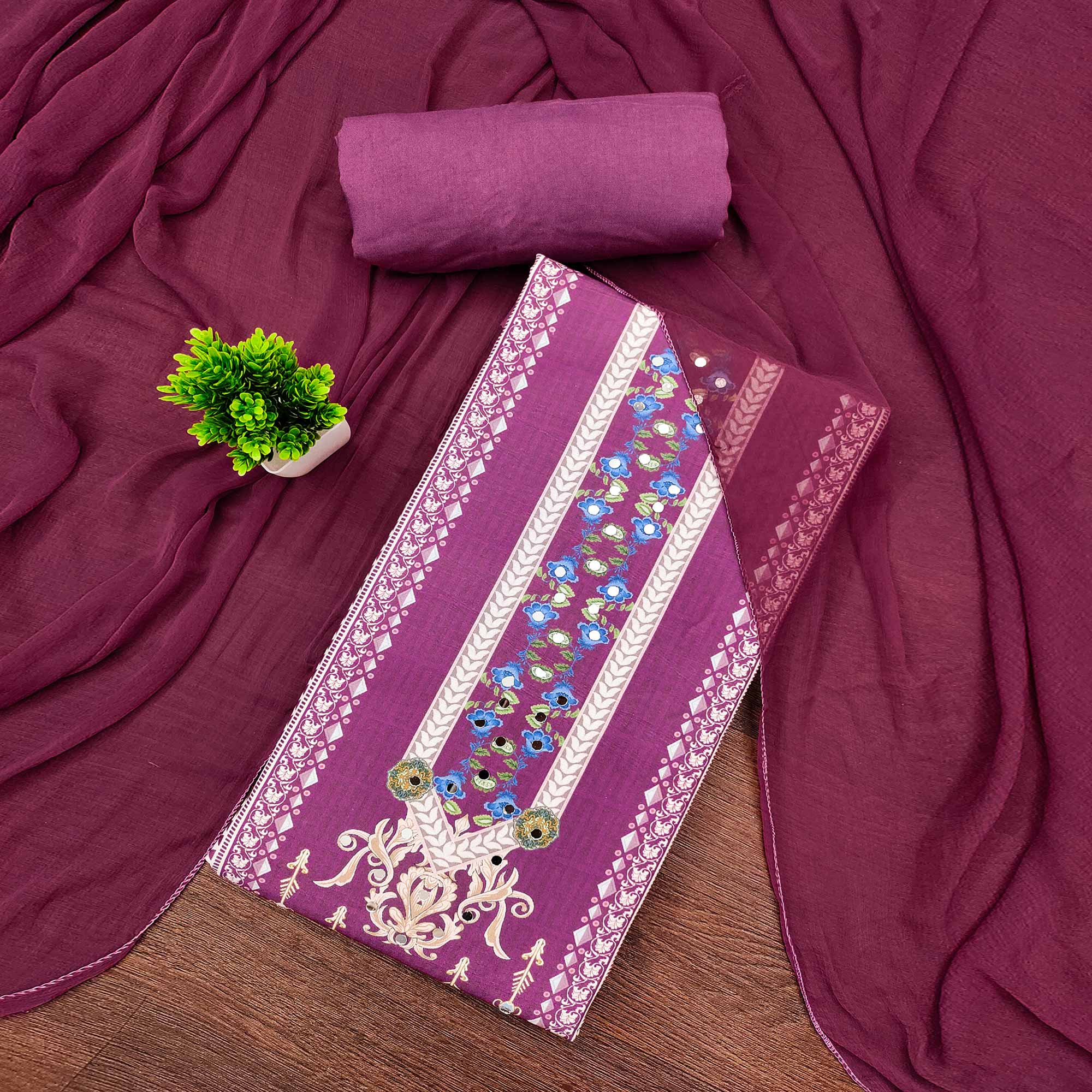 Pink Floral Digital Printed Rayon Dress Material Highlighted With Mirror Work