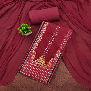 Maroon Rayon Dress Material With Floral Digital Print & Sparkling Mirror Accents
