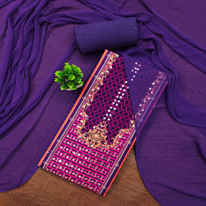 Royal Purple Rayon Dress Material With Floral Digital Print & Sparkling Mirror Accents