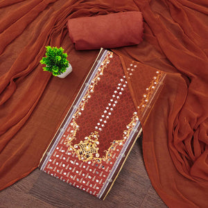 Rust Rayon Dress Material With Floral Digital Print & Sparkling Mirror Accents