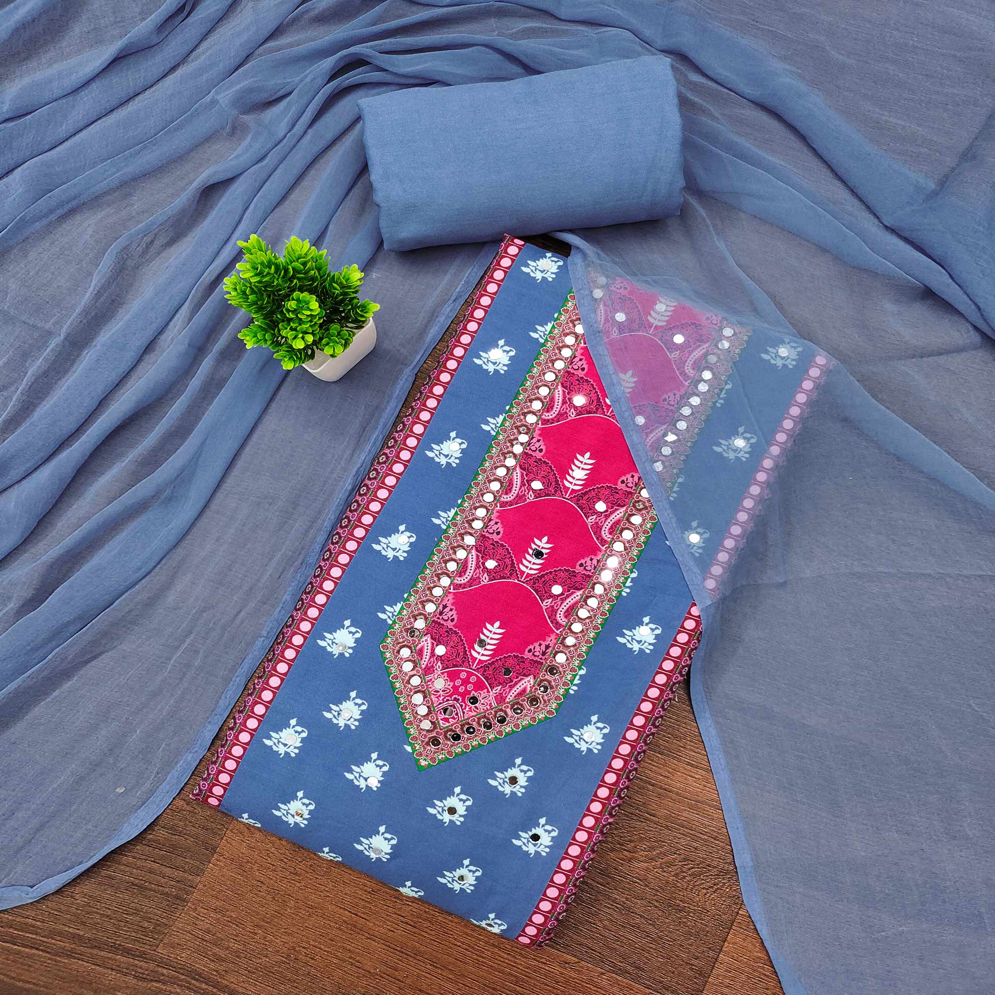 Blue Floral Digital Printed Rayon Dress Material Enhanced With Mirror Work