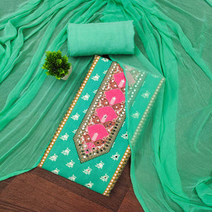 Sea Green Floral Digital Printed Rayon Dress Material Enhanced With Mirror Work