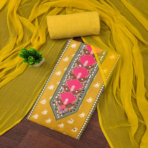 Yellow Floral Digital Printed Rayon Dress Material Enhanced With Mirror Work