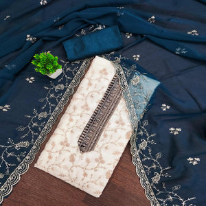 White & Blue Georgette Dress Material Showcasing Elegant Floral Thread Embroidery Work