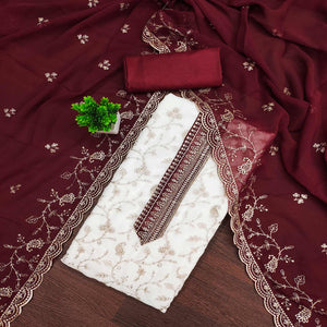 White & Maroon Georgette Dress Material Showcasing Elegant Floral Thread Embroidery Work