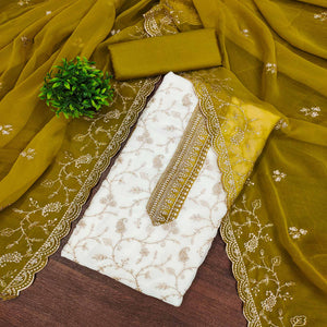 White & Mustard Georgette Dress Material Showcasing Elegant Floral Thread Embroidery Work