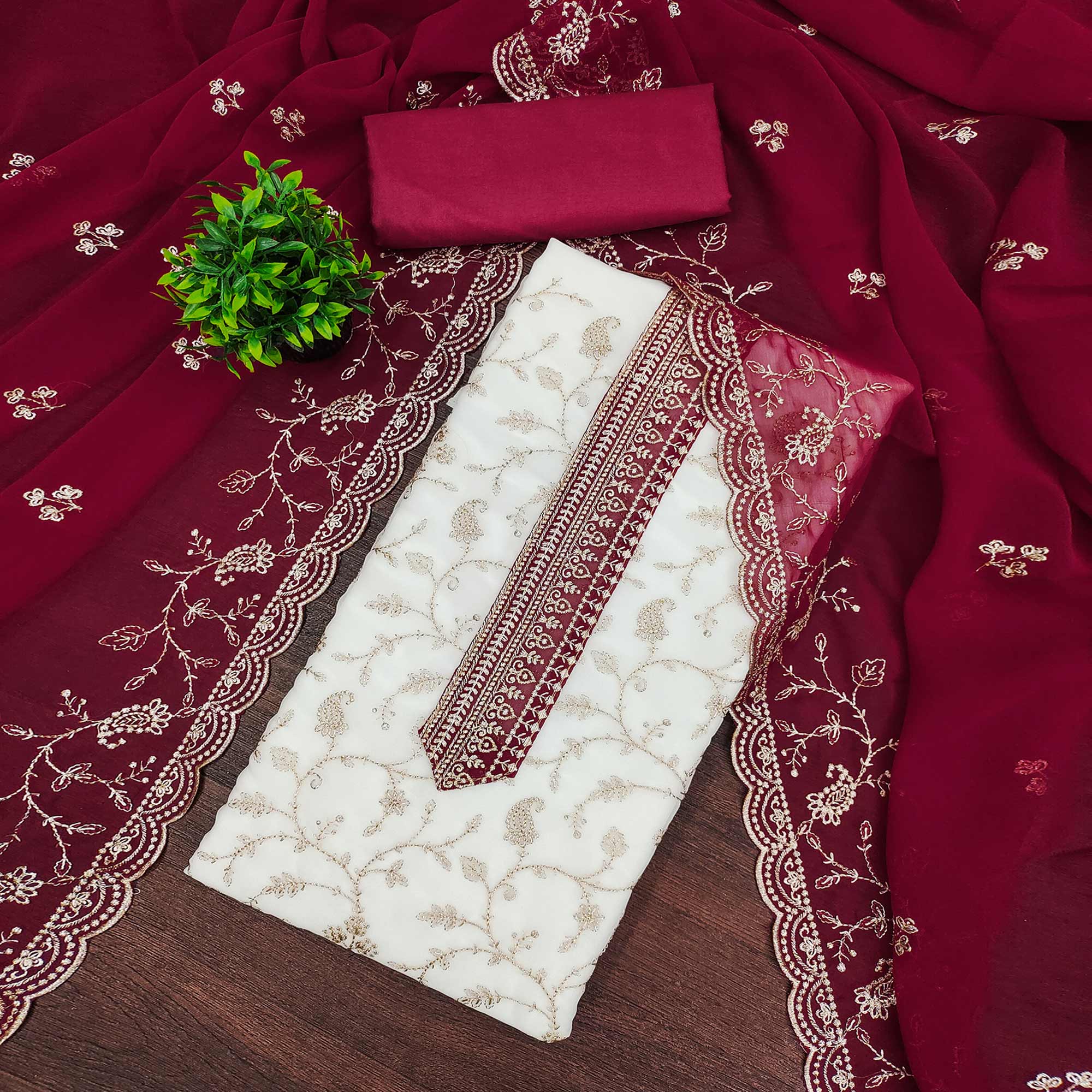 White & Pink Georgette Dress Material Showcasing Elegant Floral Thread Embroidery Work