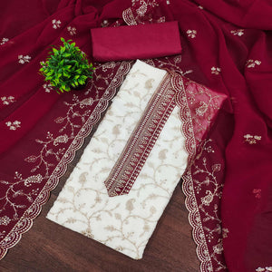 White & Pink Georgette Dress Material Showcasing Elegant Floral Thread Embroidery Work