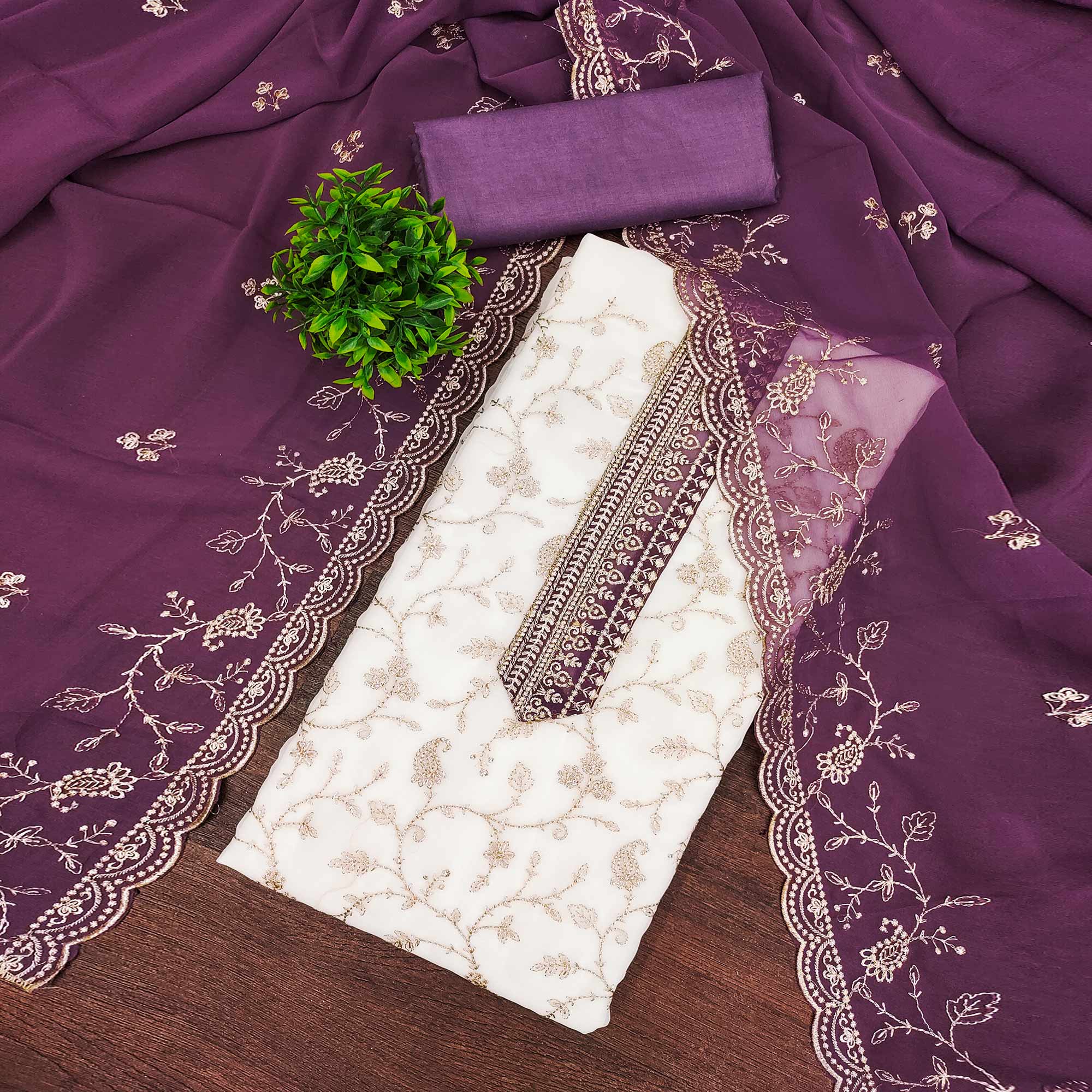 White & Purple Georgette Dress Material Showcasing Elegant Floral Thread Embroidery Work