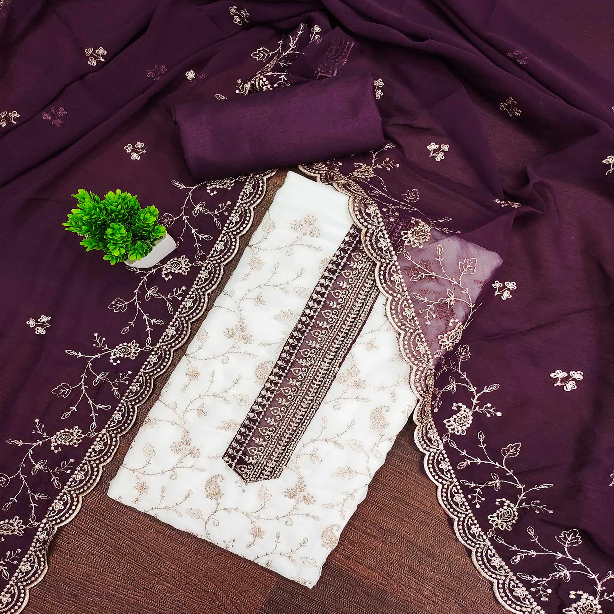 White & Wine Georgette Dress Material Showcasing Elegant Floral Thread Embroidery Work