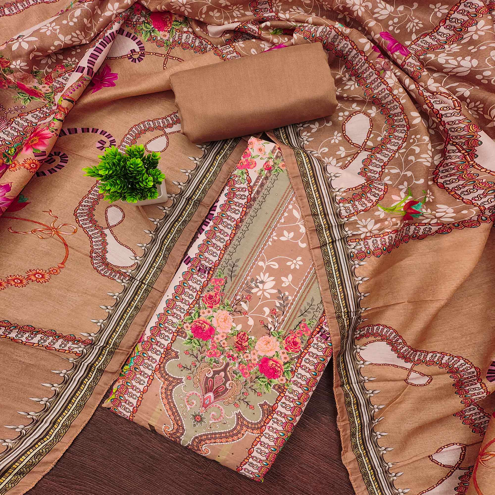 Dusty Orange Muslin Dress Material Featuring Elegant Floral Digital Print With Swarovski Work