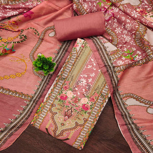 Gajari Pink Muslin Dress Material Featuring Elegant Floral Digital Print With Swarovski Work
