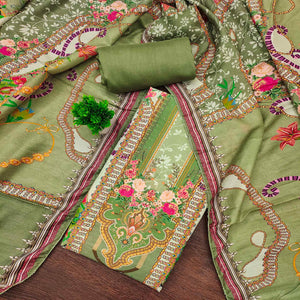 Green Muslin Dress Material Featuring Elegant Floral Digital Print Adorned With Swarovski Work