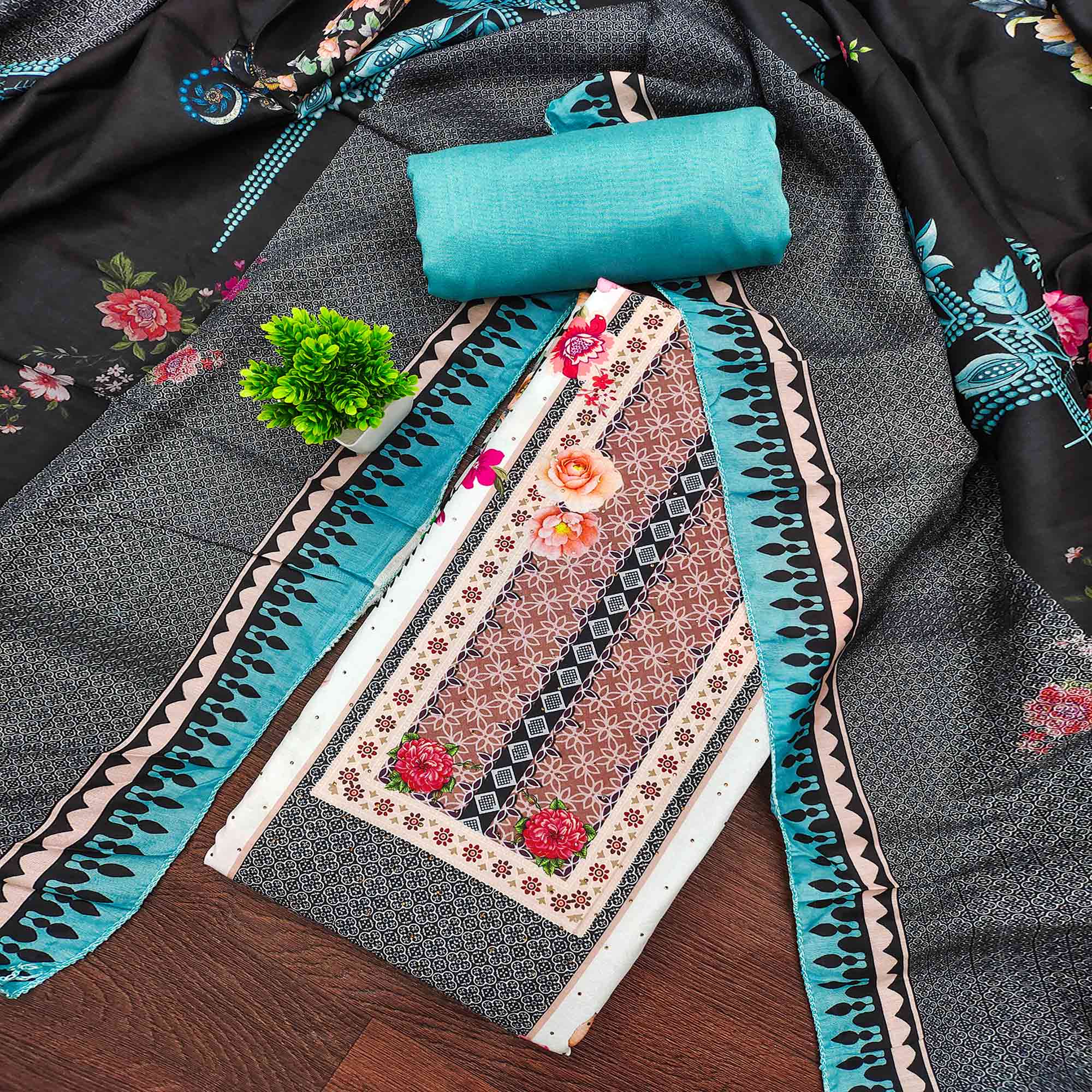 Charming Blue Floral Digital Printed Muslin Dress Material With Subtle Swarovski Work