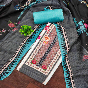 Charming Blue Floral Digital Printed Muslin Dress Material With Subtle Swarovski Work