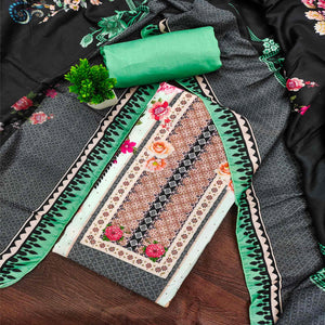 Charming Green Floral Digital Printed Muslin Dress Material With Subtle Swarovski Work