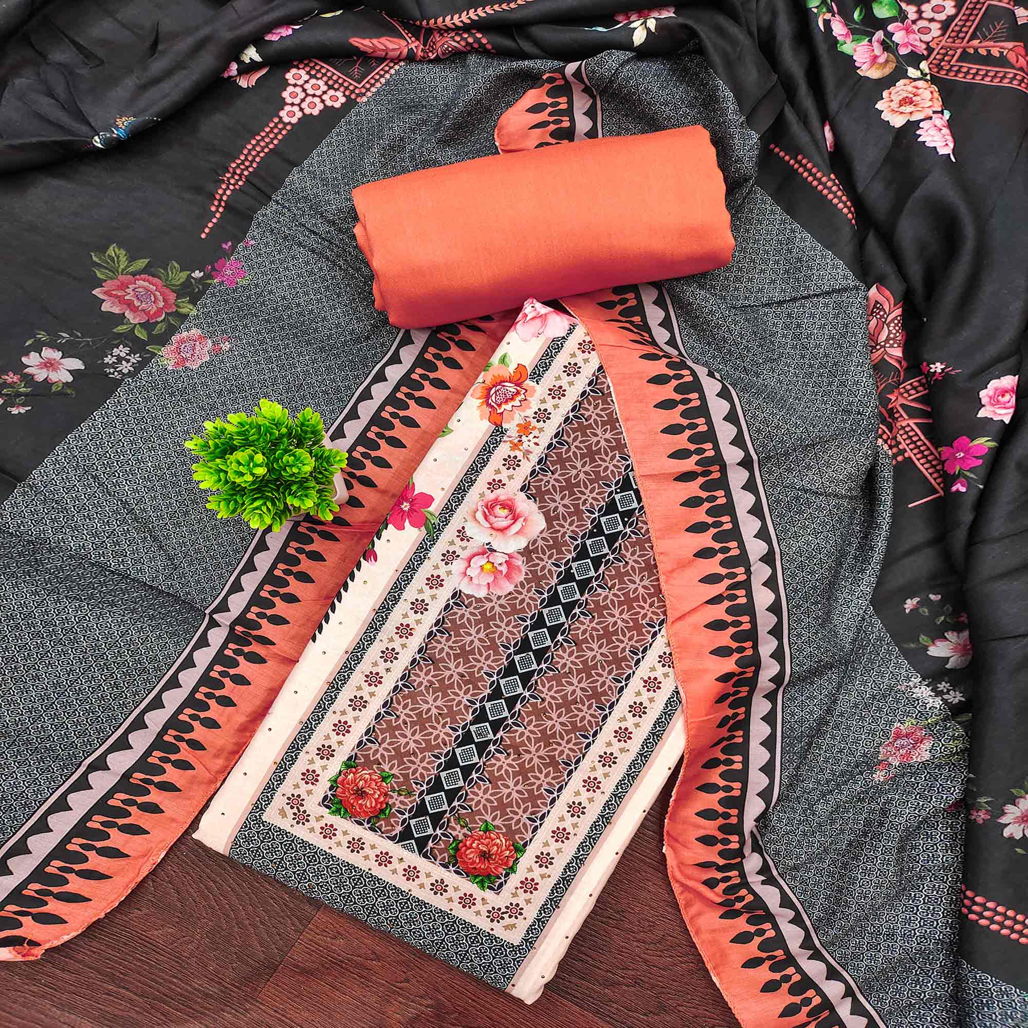 Charming Orange Floral Digital Printed Muslin Dress Material With Subtle Swarovski Work