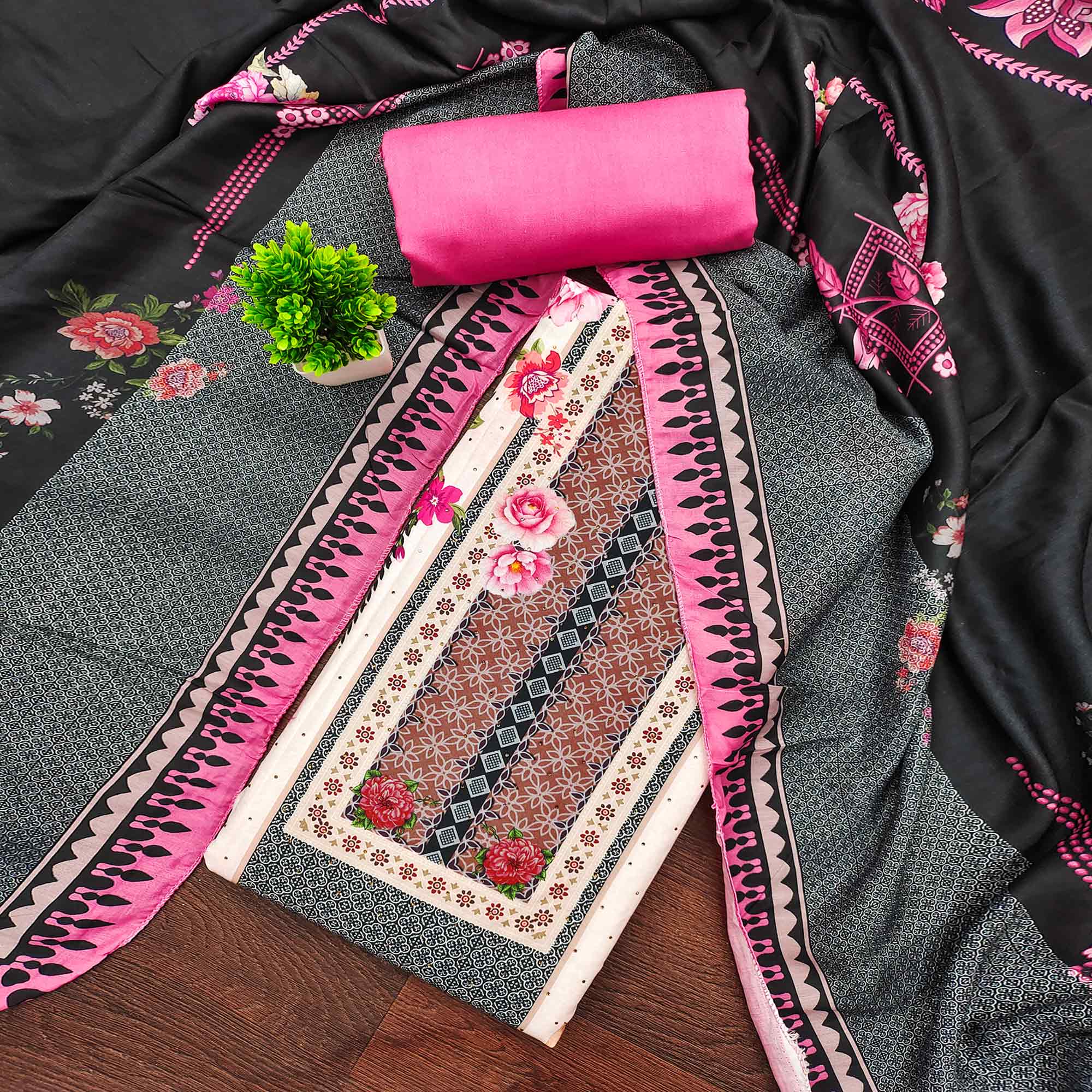 Charming Pink Floral Digital Printed Muslin Dress Material With Subtle Swarovski Work