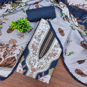 Grey Floral Digital Printed Muslin Dress Material Enhanced With Shimmering Swarovski Work