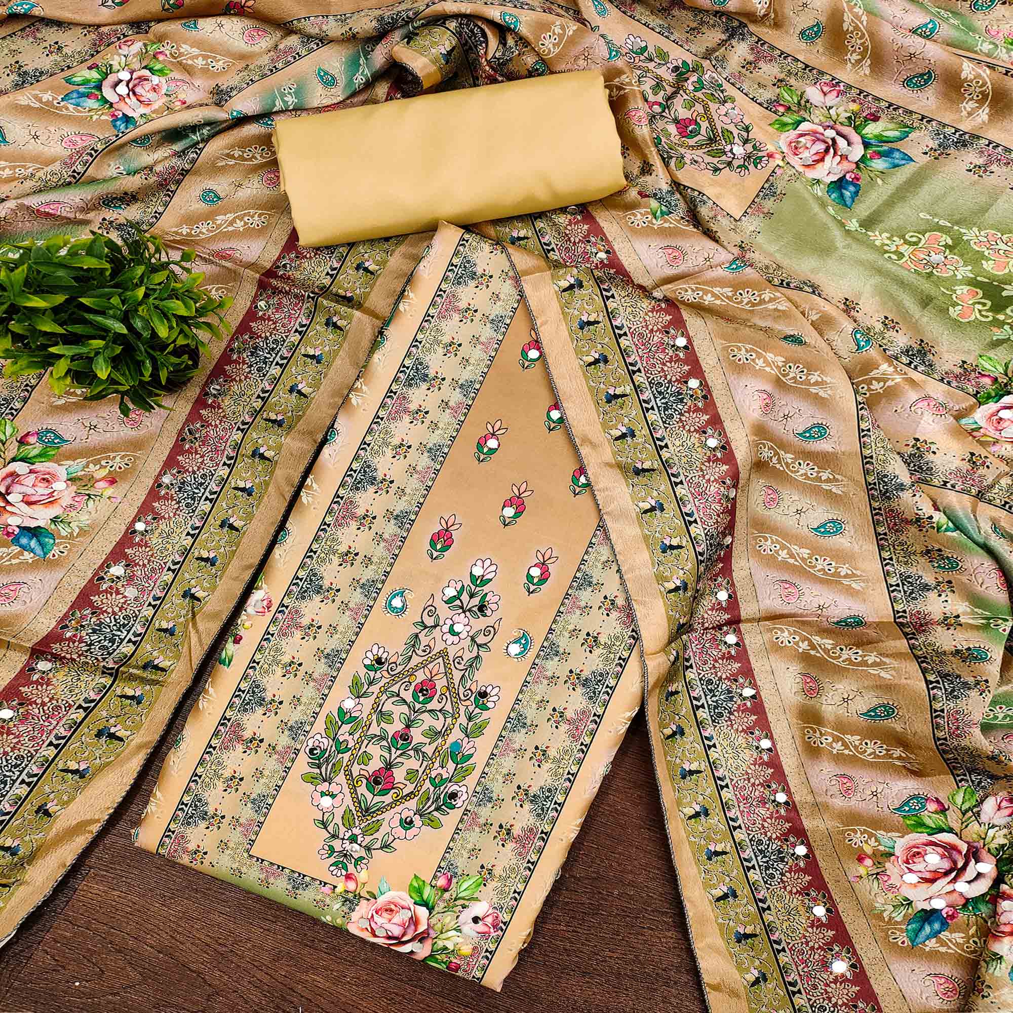 Mustard Muslin Dress Material Featuring Graceful Floral Digital Print Embellished With Mirror Work