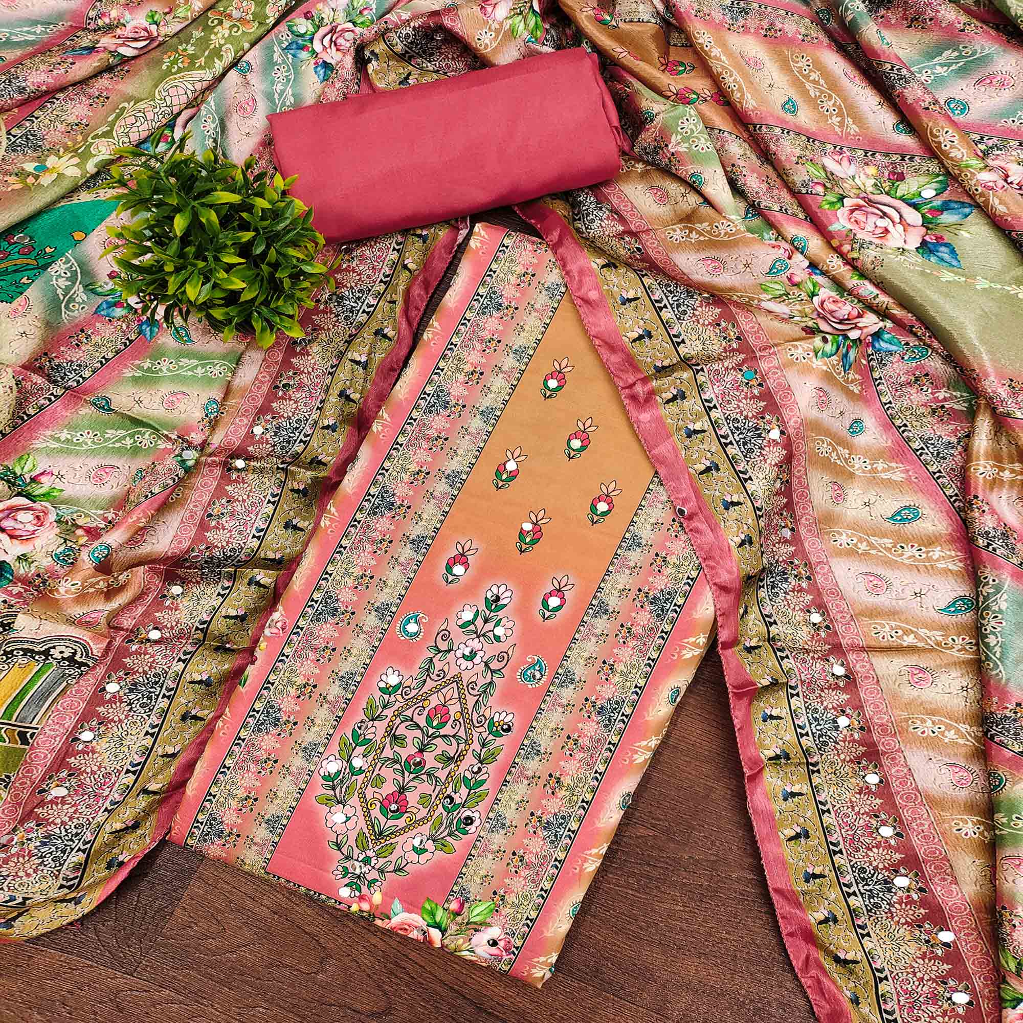 Pink Muslin Dress Material Featuring Graceful Floral Digital Print Embellished With Mirror Work