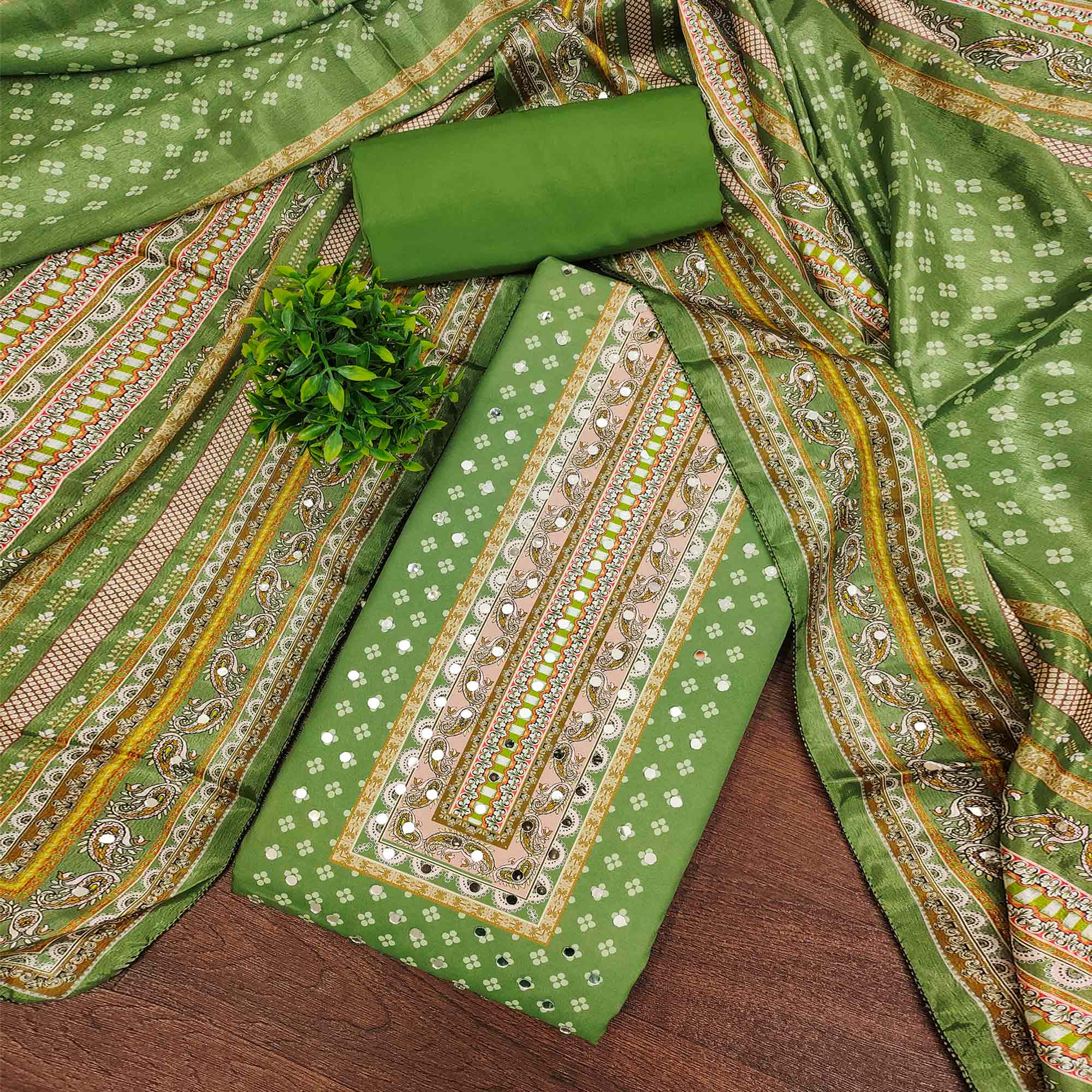 Soothing Green Floral Digital Printed Dress Material Crafted From Muslin With Mirror Work