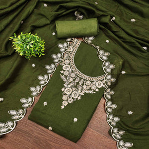 Graceful Green Floral Embroidered Vichitra Silk Dress Material Enhanced With Diamond Work