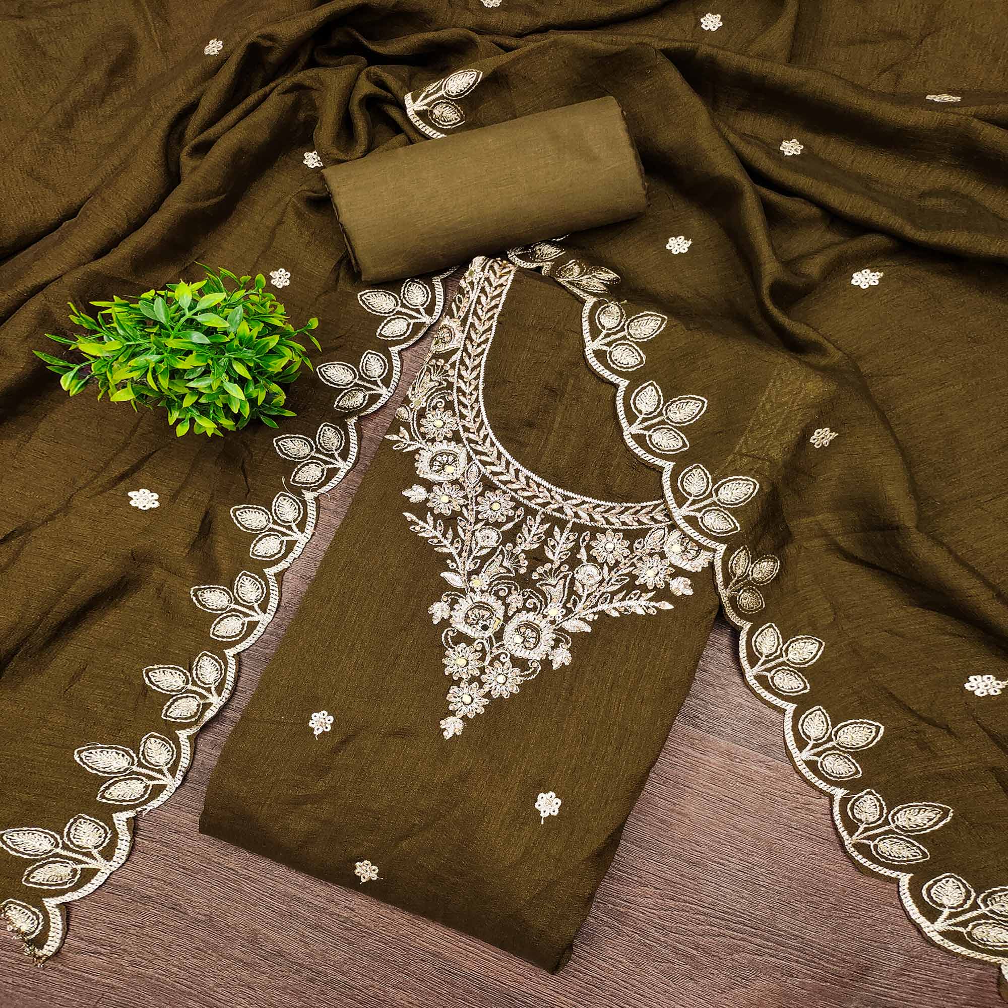 Graceful Mehendi Green Floral Embroidered Vichitra Silk Dress Material Enhanced With Diamond Work