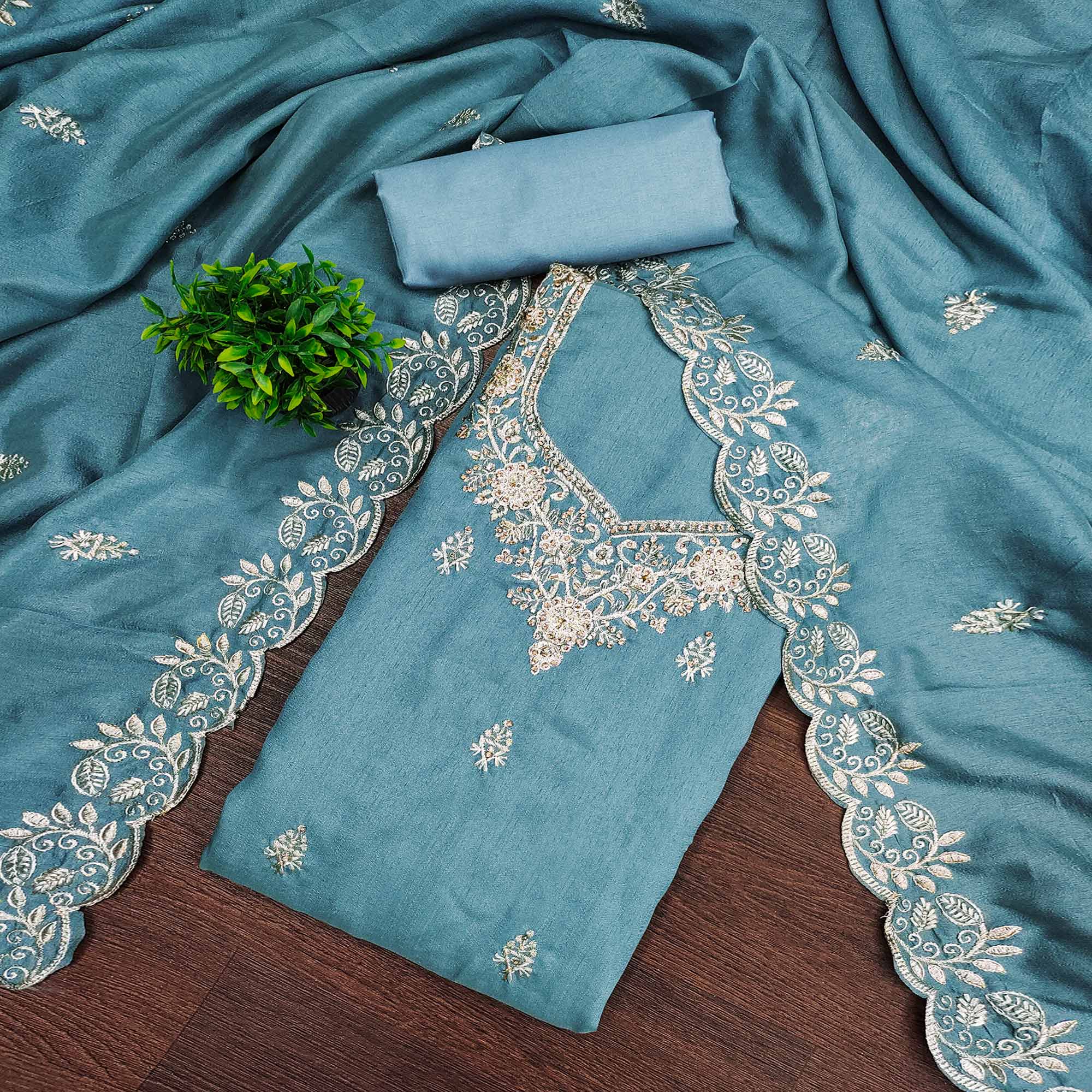 Graceful Blue Floral Embroidered Vichitra Silk Dress Material Enhanced With Diamond Work