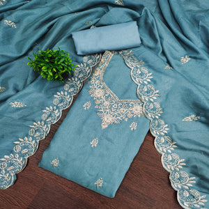 Graceful Blue Floral Embroidered Vichitra Silk Dress Material Enhanced With Diamond Work