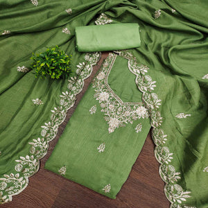 Graceful Green Floral Embroidered Vichitra Silk Dress Material Enhanced With Diamond Work