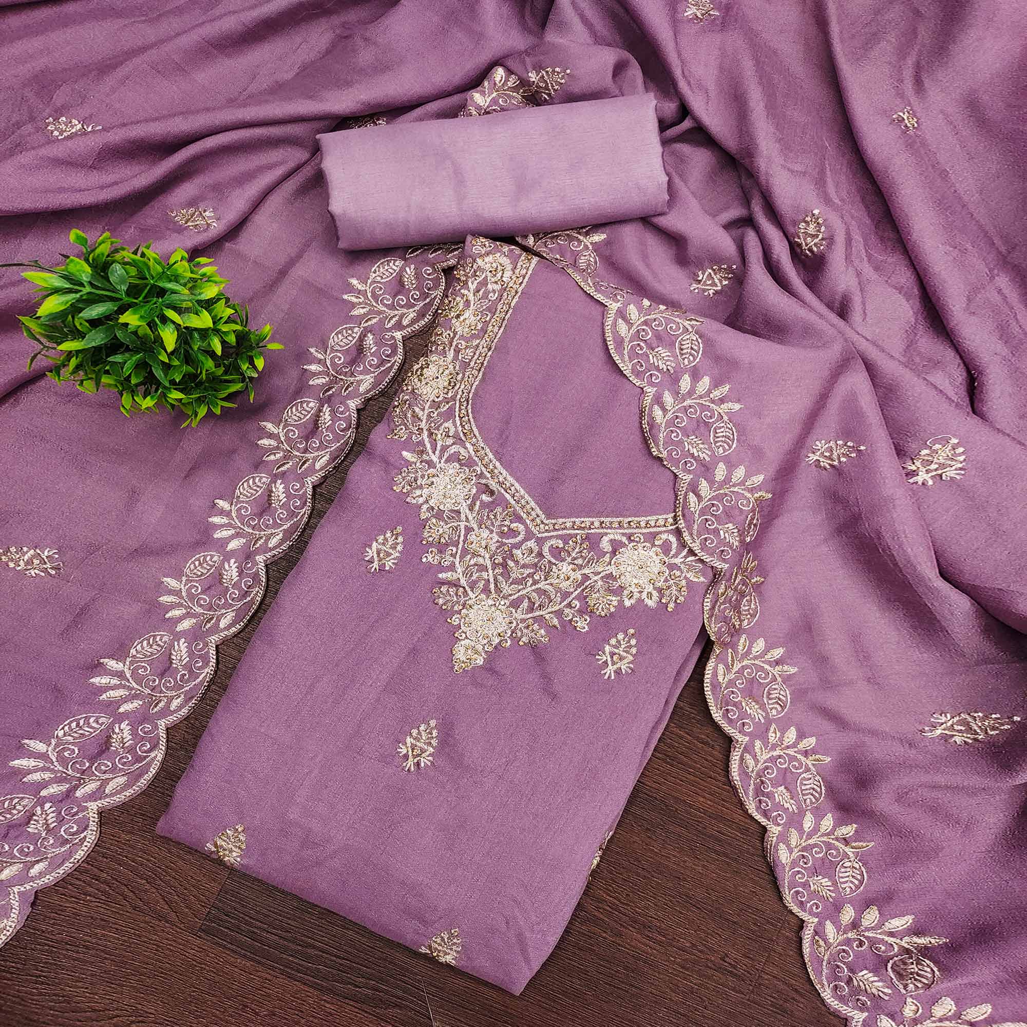 Graceful Lavender Floral Embroidered Vichitra Silk Dress Material Enhanced With Diamond Work