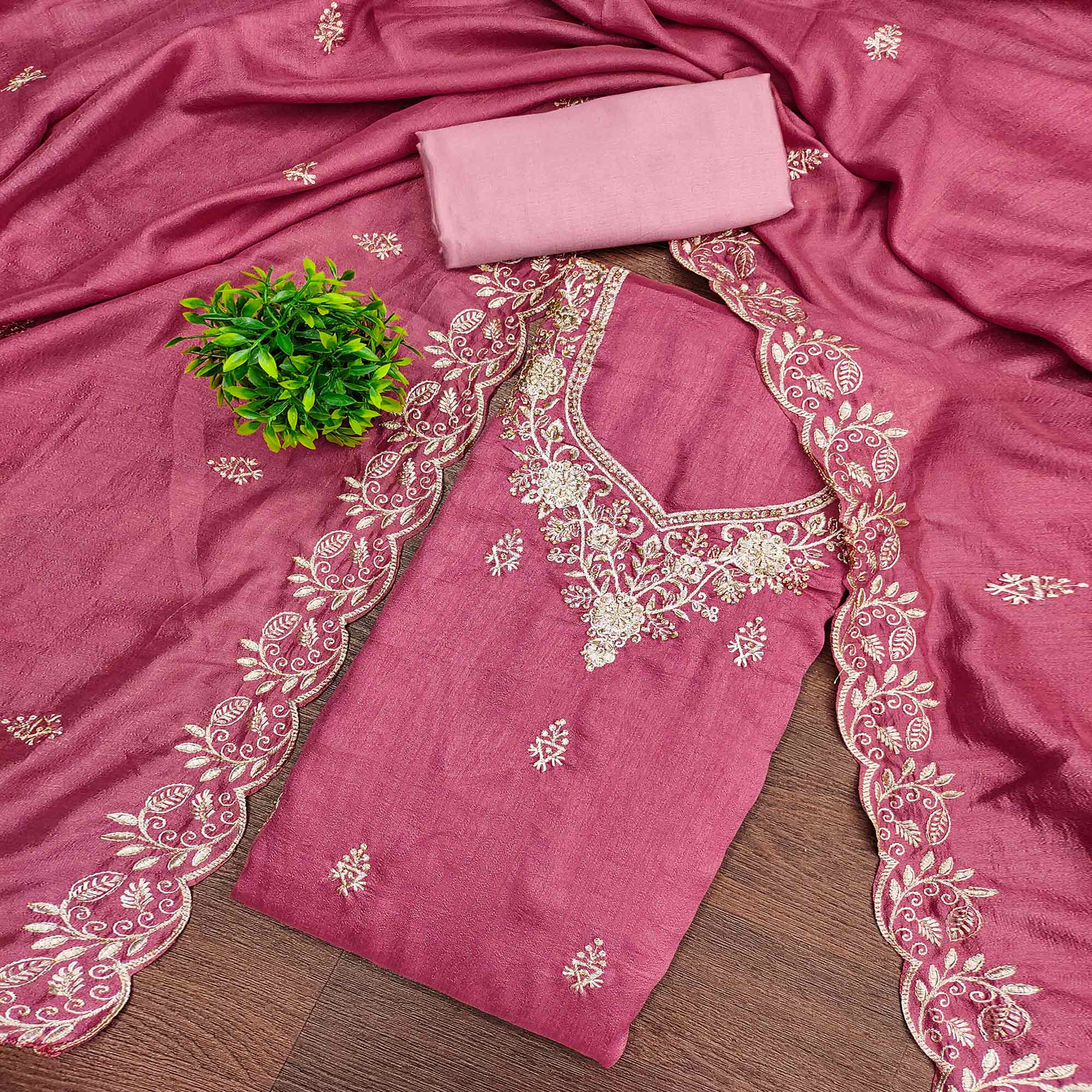 Graceful Pink Floral Embroidered Vichitra Silk Dress Material Enhanced With Diamond Work