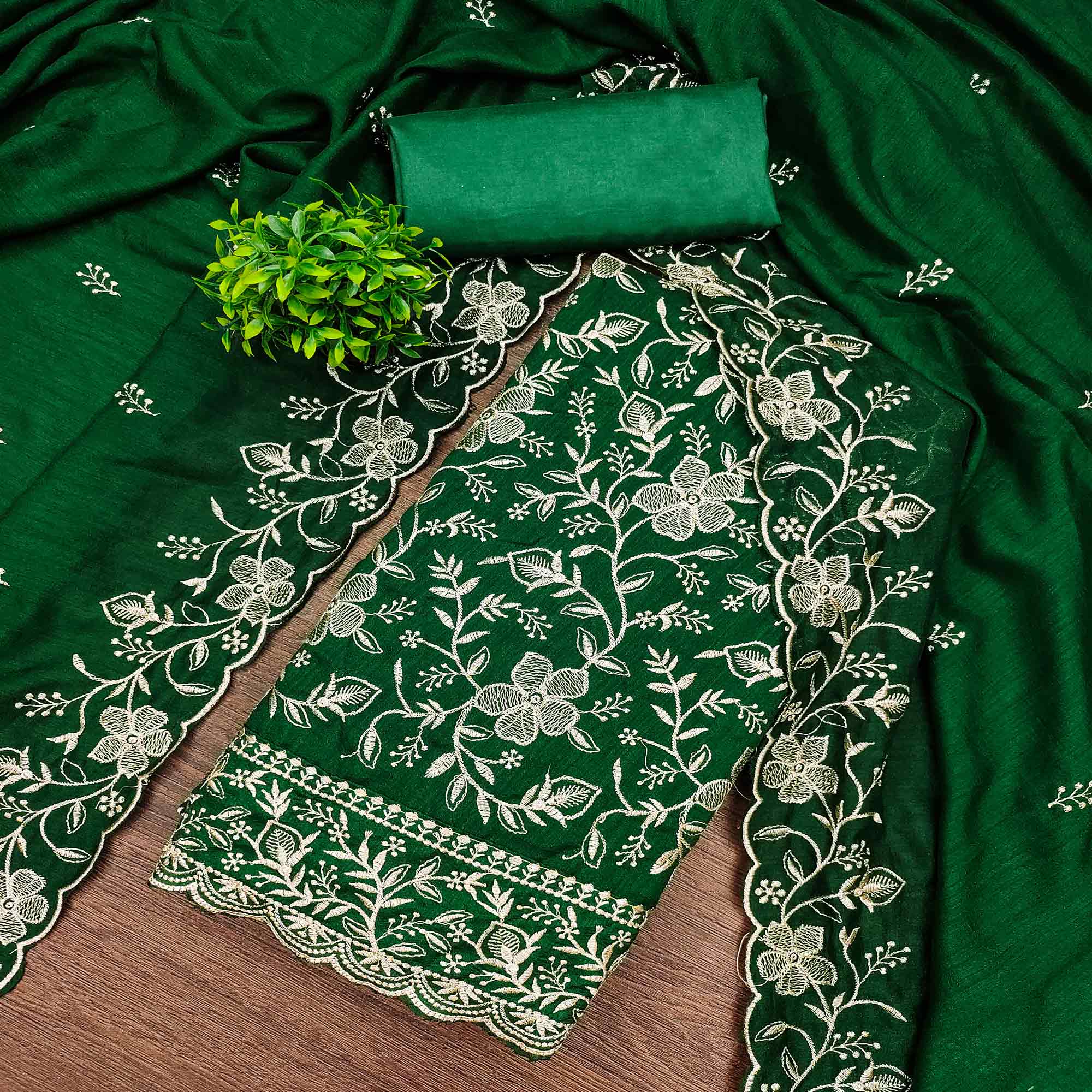 Elegant Green Vichitra Silk Dress Material Adorned With Exquisite Floral Zari Embroidery Work