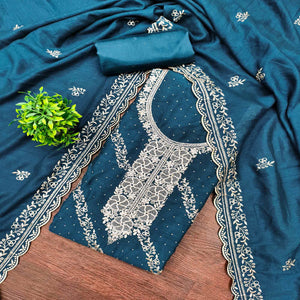 Graceful Blue Floral Embroidered Vichitra Silk Dress Material Enhanced With Sparkling Swarovski