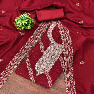 Graceful Maroon Floral Embroidered Vichitra Silk Dress Material Enhanced With Sparkling Swarovski