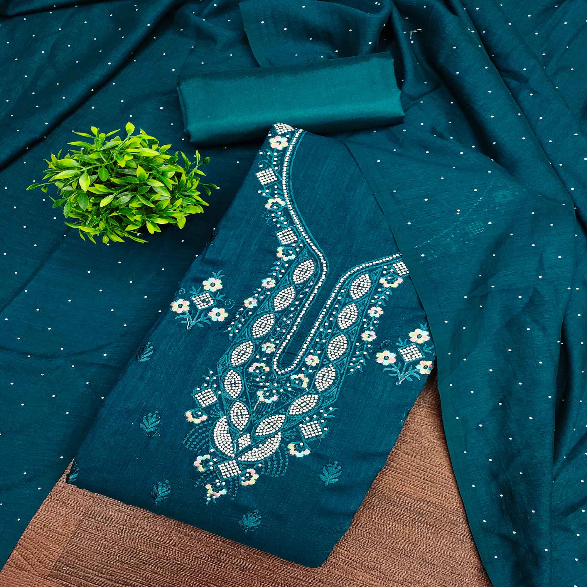 Gorgeous Dark Teal Blue Floral Embroidered Vichitra Silk Dress Material Beautified With Swarovski