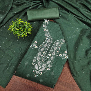 Gorgeous Green Floral Embroidered Vichitra Silk Dress Material Beautified With Swarovski Work