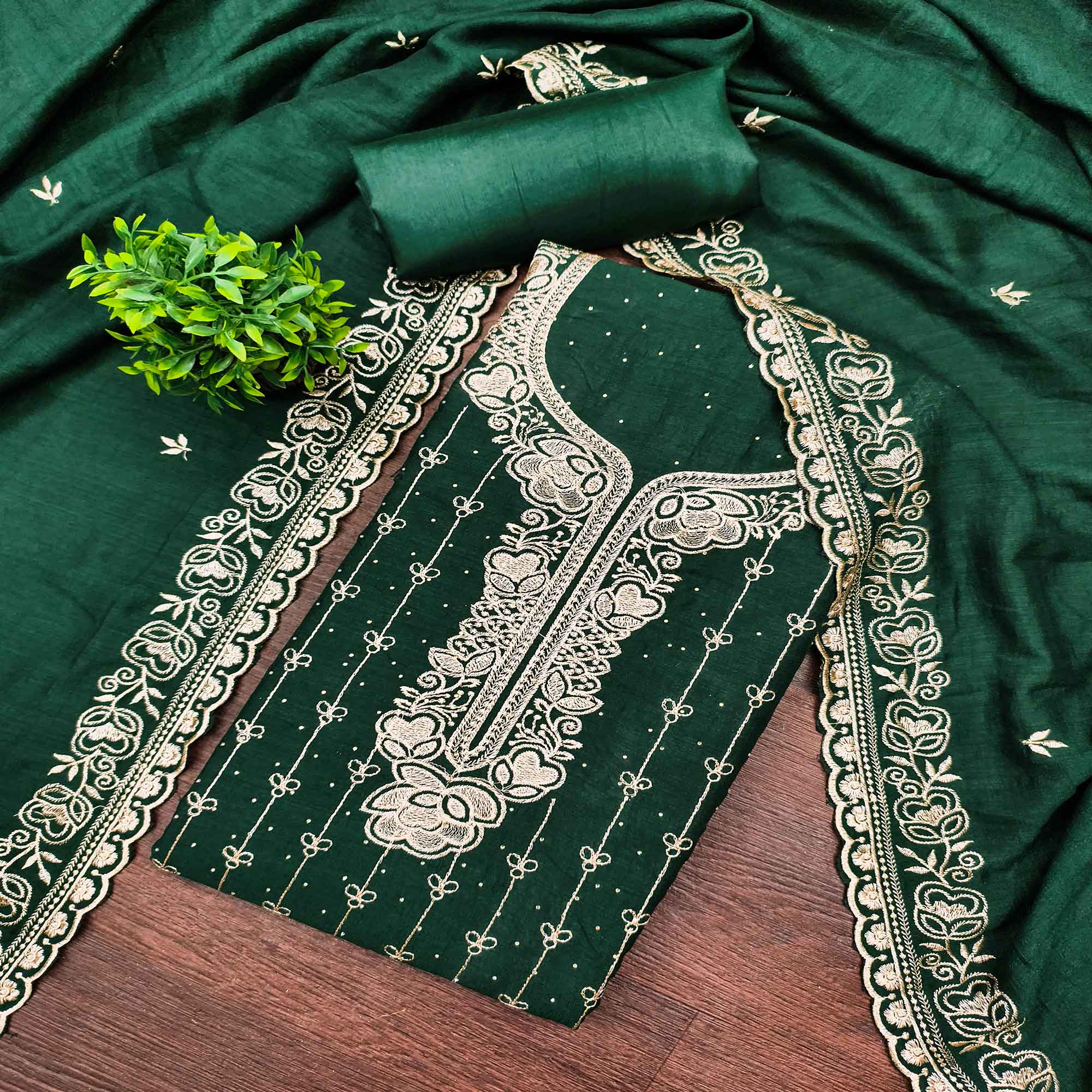 Regal Green Floral Embroidered Vichitra Silk Dress Material With Dazzling Swarovski Work Detailing