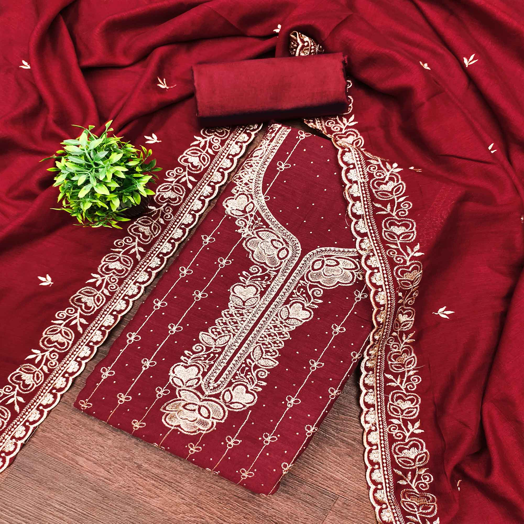 Regal Maroon Floral Embroidered Vichitra Silk Dress Material With Dazzling Swarovski Work Detailing