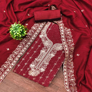 Regal Maroon Floral Embroidered Vichitra Silk Dress Material With Dazzling Swarovski Work Detailing