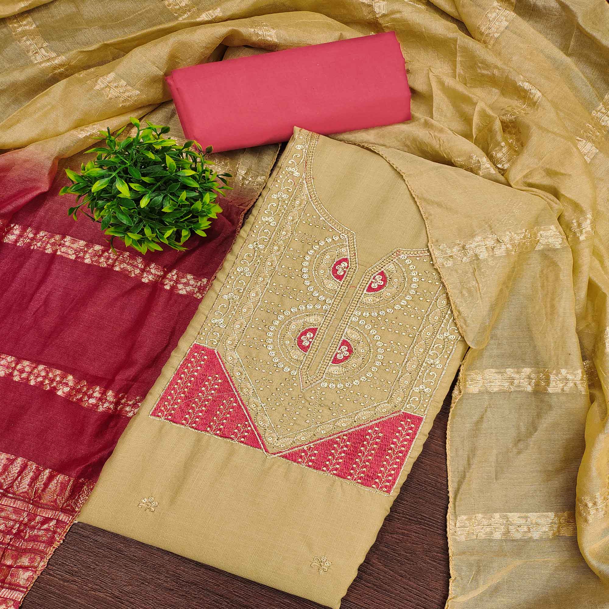 Classic Chikoo Floral Embroidered Cotton Blend Dress Material With Shimmering Sequins Work