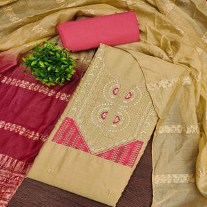 Classic Chikoo Floral Embroidered Cotton Blend Dress Material With Shimmering Sequins Work