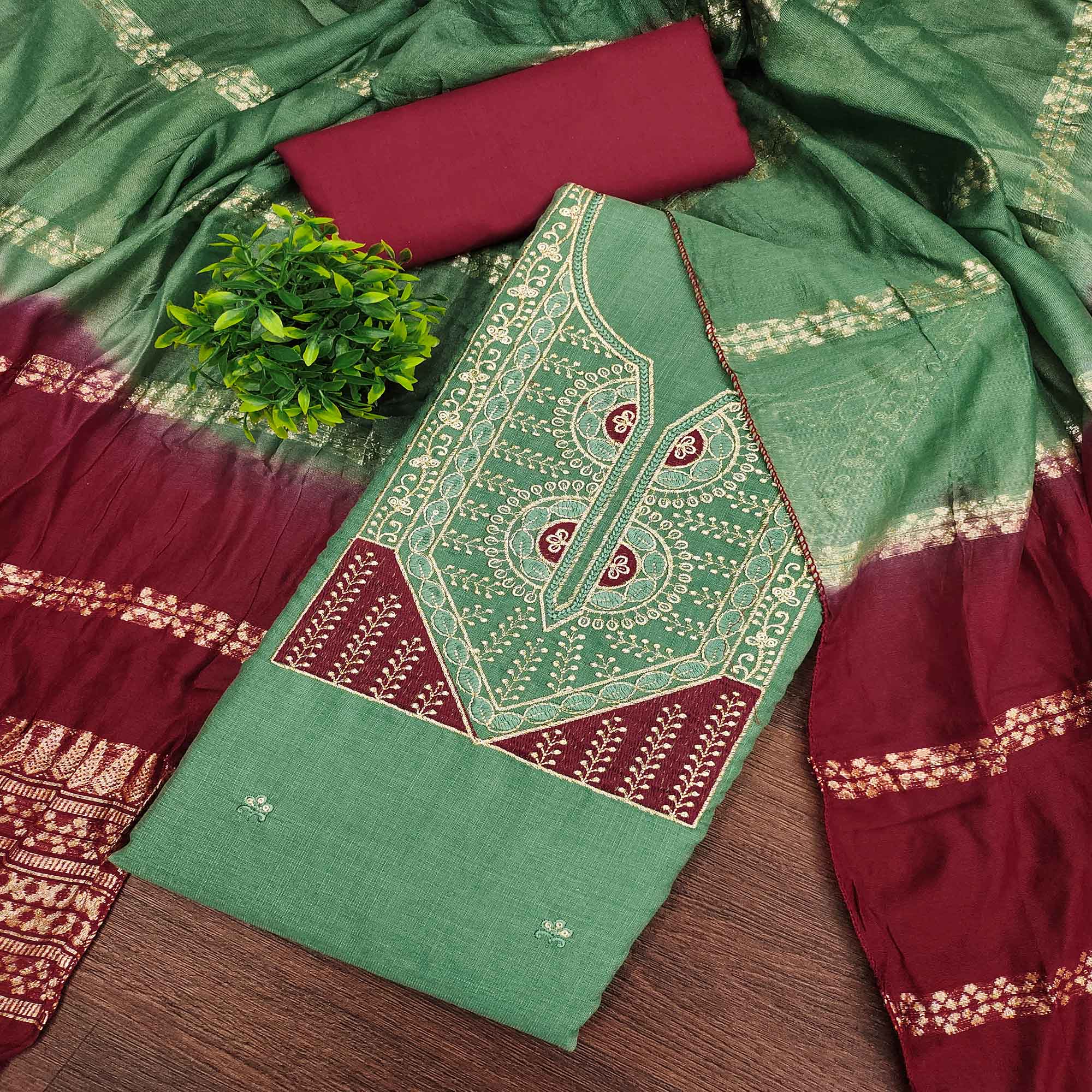 Classic Green Floral Embroidered Cotton Blend Dress Material With Shimmering Sequins Work