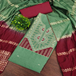 Classic Green Floral Embroidered Cotton Blend Dress Material With Shimmering Sequins Work