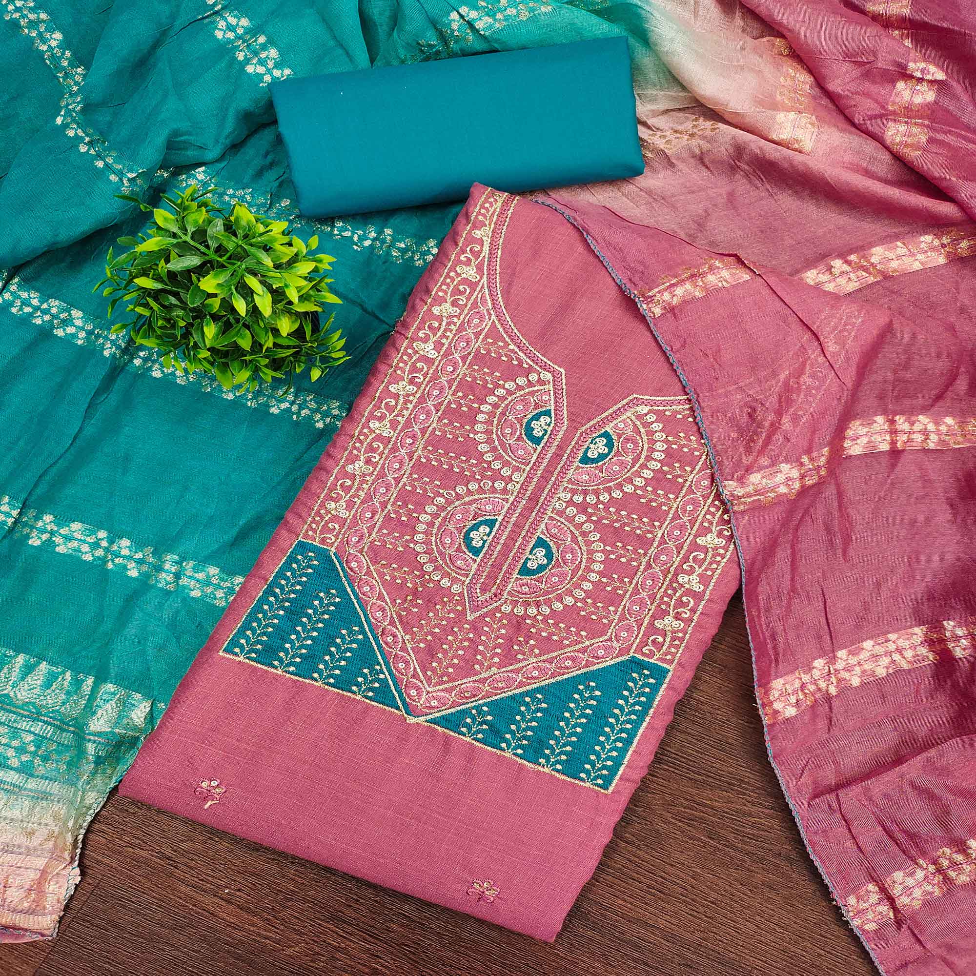 Classic Pink Floral Embroidered Cotton Blend Dress Material With Shimmering Sequins Work