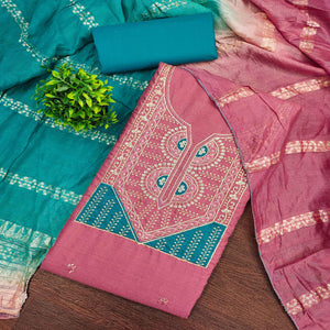 Classic Pink Floral Embroidered Cotton Blend Dress Material With Shimmering Sequins Work