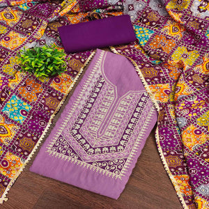 Stylish Purple Cotton Blend Dress Material Enriched With Floral Embroidery & Sequins Work